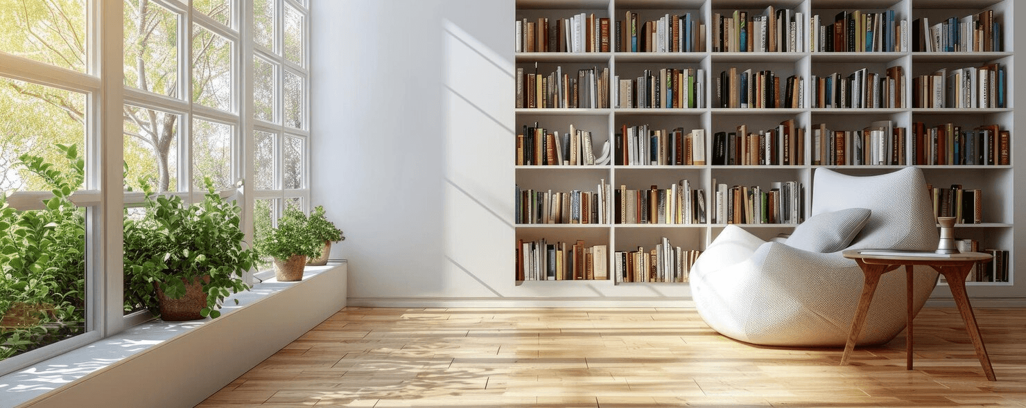 Modern interior with bookshelf and reading area