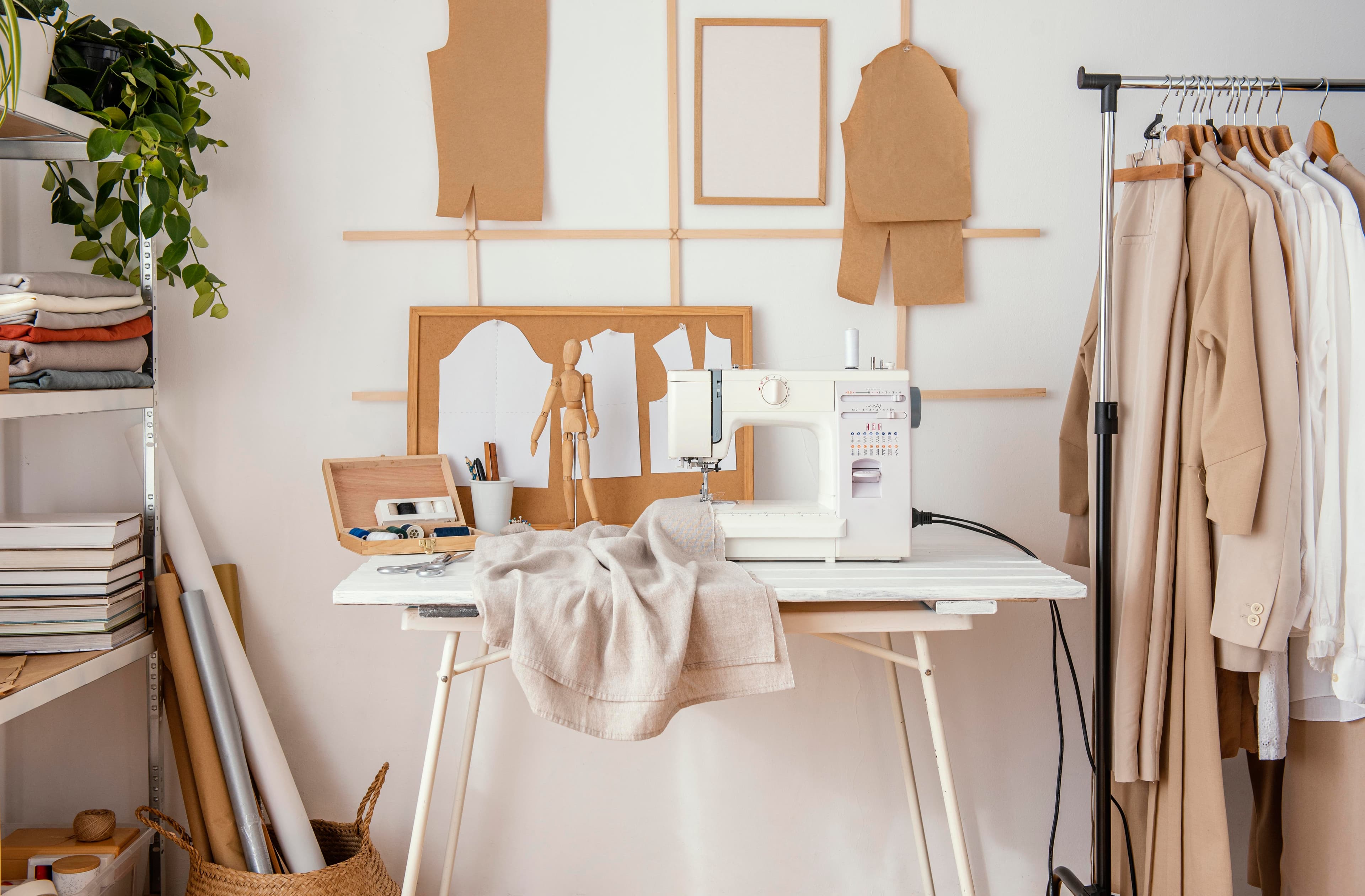 Sewing workspace with fabric samples